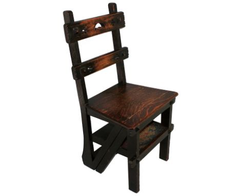 A Victorian Arts & Crafts oak metamorphic library chair/steps, with pierced ladder back and pyramid mounts to the legs, 89 cm
