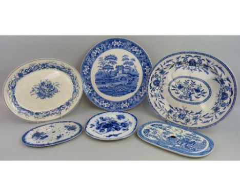 An early 20th century Spode Tower pattern circular wall plaque, 47 cm, three Victorian blue and white meat plates, comprising