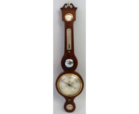 JohS Solcha, Hull - A Victorian mahogany wheel barometer, the silvered 8" dial with dry/damp dial, thermometer, convex mirror