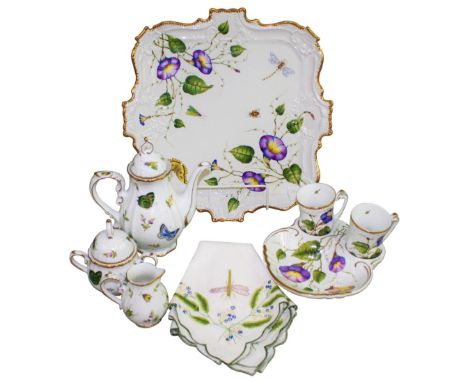 An Anna Weatherley Hungary porcelain cabaret set, comprising shaped square four-handled tray, 35cm wide, coffee pot and cover