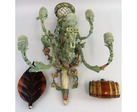 A 19th century Continental painted gesso wall sconce, of torch form, basket work surmount over ancanthus branches supporting 