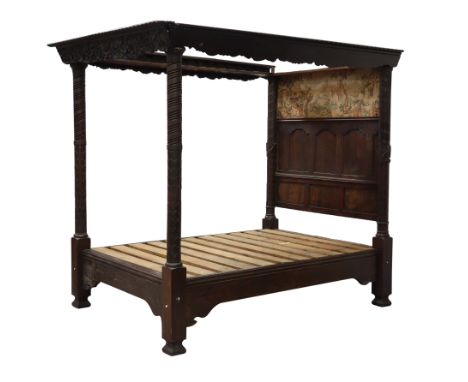 19th century and later four poster 5' bed, fielded panel back with tapestry hanging, carved rope twist and pineapple posts, f