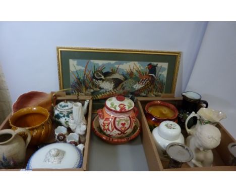 Classical design plaster bust, Burmantofts type hanging jardiniere, Victorian Jackfield type jug, Staffordshire 'Tibet' ginge