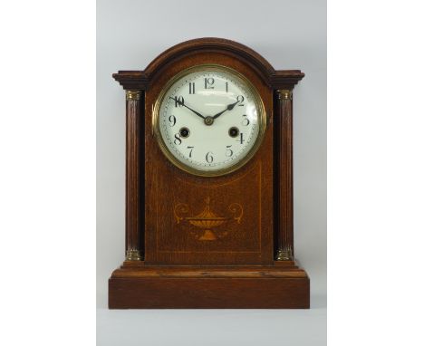 Edwardian inlaid oak mantle clock, shaped top, fitted with fluted columns, W23cm CLOCKS & BAROMETERS - as we are not a retail