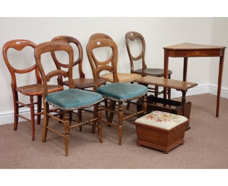 Six Victorian balloon back bedroom chairs, inlaid table, oak magazine table and a tapestry top stool (9)