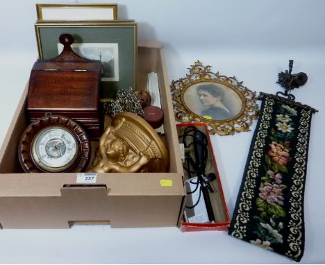 Early 20th century aneroid barometer D17cm, wall mounted box and other treen, gilt cherub wall sconce, vintage Pifco trouser 