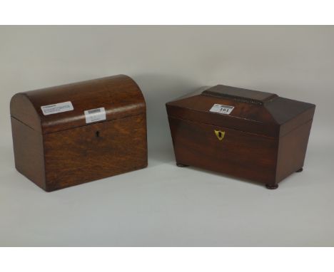 Early Victorian figured mahogany sarcophagus tea caddy W22.5cm and a Victorian oak dome top tea caddy both with keys 