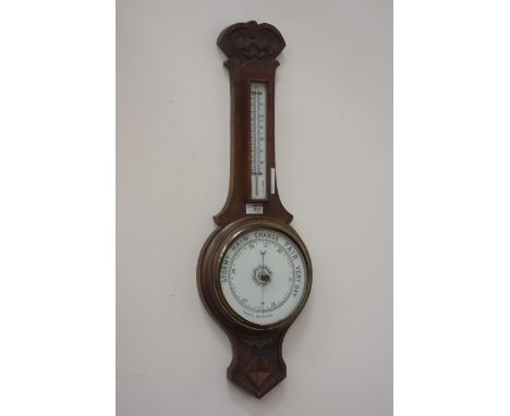 Early 20th century oak cased barometer, carved detail, H80cm CLOCKS & BAROMETERS - as we are not a retailer, these items are 