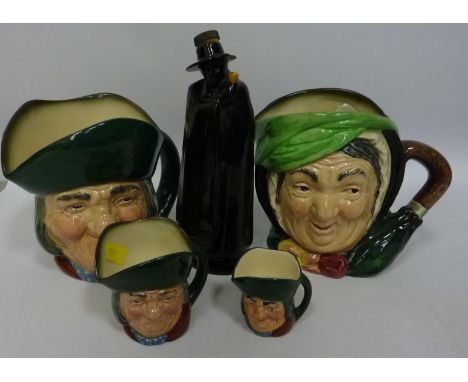 Four Royal Doulton character jugs and Royal Doulton 'Sandman' decanter (a/f) (5) 