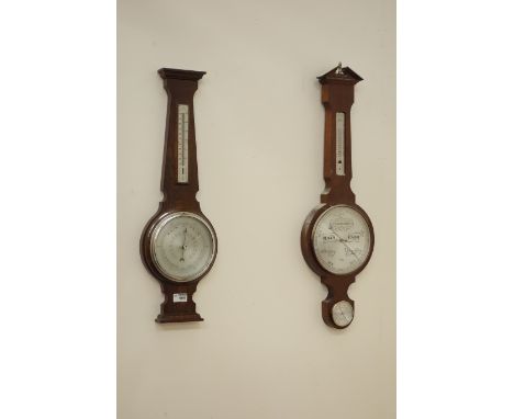 20th century oak cased aneroid barometer with thermometer and another mahogany finish barometer CLOCKS & BAROMETERS - as we a