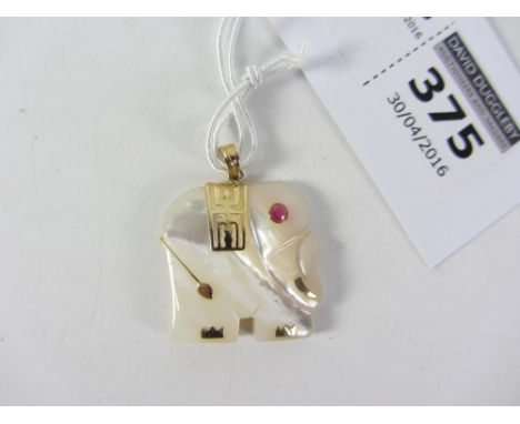 Pearl shell elephant pendant gold mounts and ruby eye hallmarked 9ct