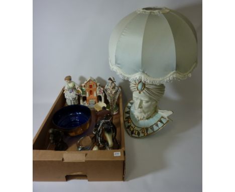 Table lamp in the form of a Moor, pair Parian type figures, Staffordshire flatback, old glass brewery and cordial bottles, an