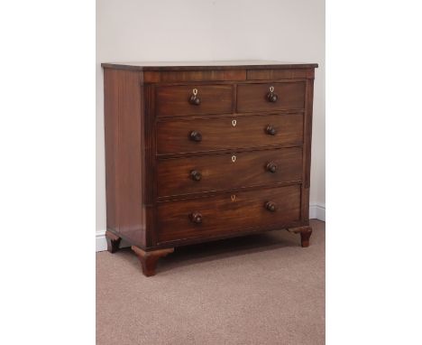 Early 19th century inlaid mahogany chest fitted with two short and three long drawers, two 'secret' frieze drawers, fluted sq
