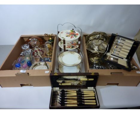 Glass paperweights, walnut cased mantel clock Art Deco period cake stand, silver-plated fish servers (cased),other silver pla