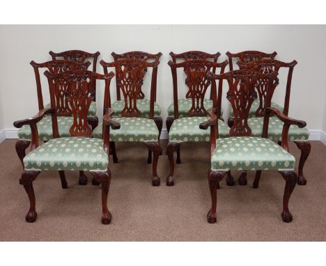 Victoria Collection 20th century set ten (8+2) mahogany Chippendale style dining chairs, overstuffed upholstered seats, ball 