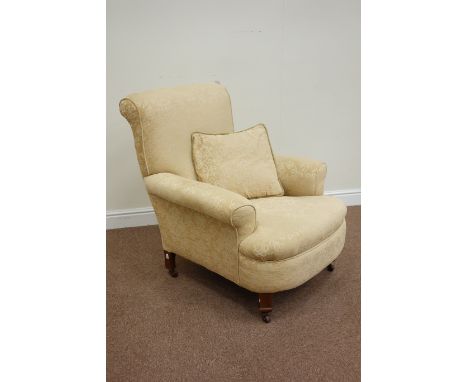 Edwardian armchair upholstered in beige chenille fabric, on square oak legs with brass and ceramic castors, W83cm, H94cm