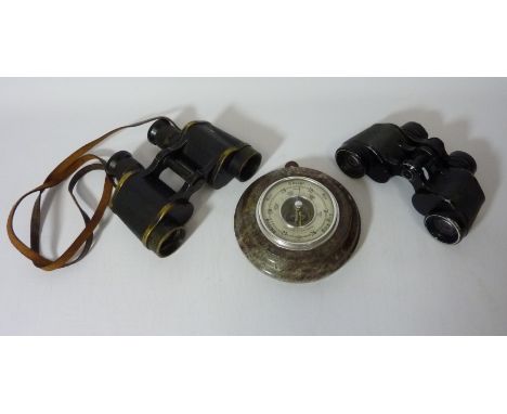 Pair WWII period Kershaw binoculars, pair Carl Zeiss 8 x 30B binoculars and a marble cased Shortland Smiths. barometer D13cm 