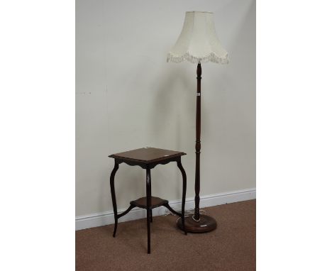 Early 20th century mahogany two tier table (45cm x 45cm), and a turned beech standard lamp with shade (This item is PAT teste