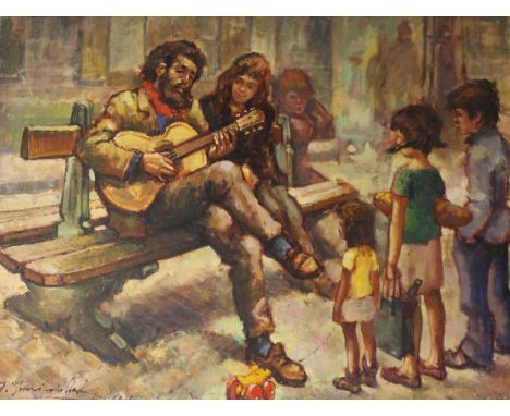 Guitarist Playing to Children in the Street, large oil on canvas indistinctly signed A. G*** and dated 7-1-1965,  73cm x 92cm