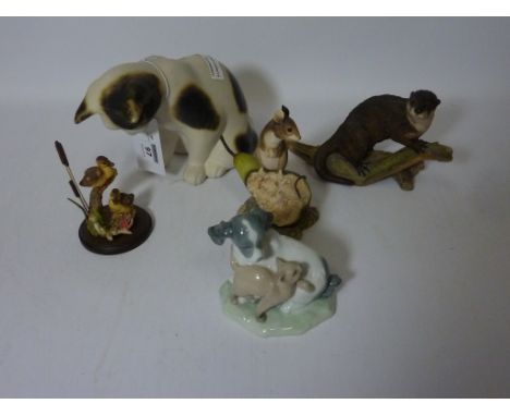 Two Border Fine Arts Sculpture - mouse and otter, Nao dog and cat group, Ludwig studio pottery cat and a duck group (5) 