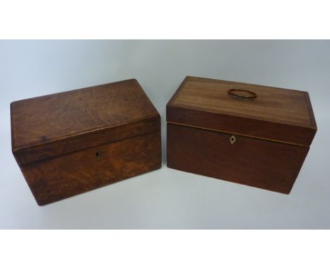 Early 19th century inlaid mahogany tea caddy W25.5cm and an early 20th century oak correspondence box 