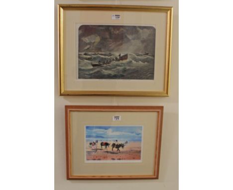 'Filey Life-Boat Proceeding to the Rescue of a Shipwrecked Crew off Scarborough', Victorian hand coloured printed engraving 2