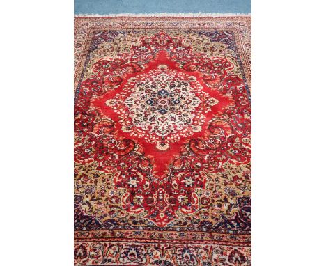 Persian Keshan red and beige ground rug carpet, thick soft pile, 247cm x 166cm