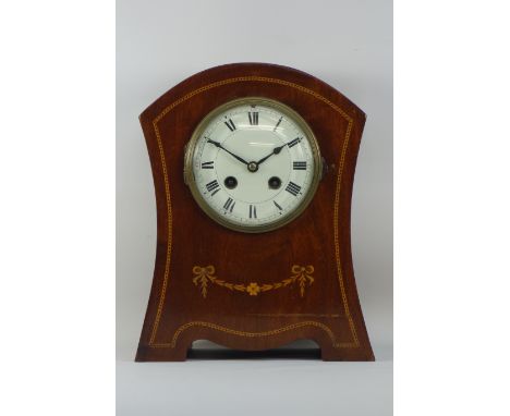 Edwardian inlaid mahogany mantle clock, W21cm CLOCKS & BAROMETERS - as we are not a retailer, these items are sold as seen an