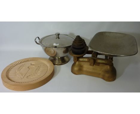 Vintage W & T Avery kitchen scales with weights, stainless steel tureen and a Scottish Thistle shortbread mould (3) 