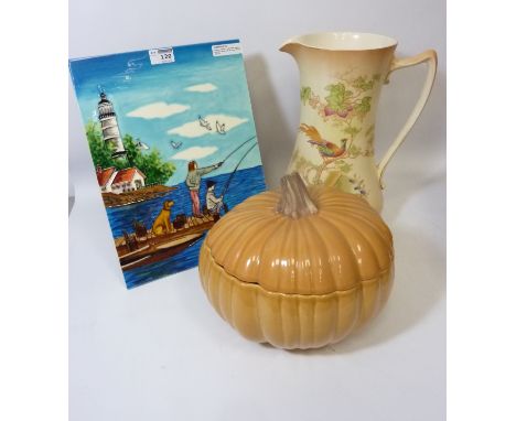 Tube lined plaque depicting children fishing H35cm, ceramic tureen in the form of a pumpkin (with ladle) and a Crown Ducal 'A
