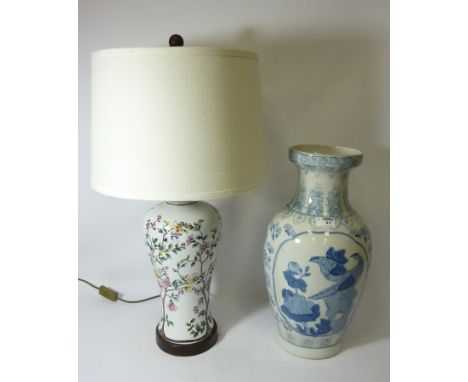 Asian design enamelled table lamp with shade H69cm overall and a Chinese blue and white vase (2) (This item is PAT tested - 5