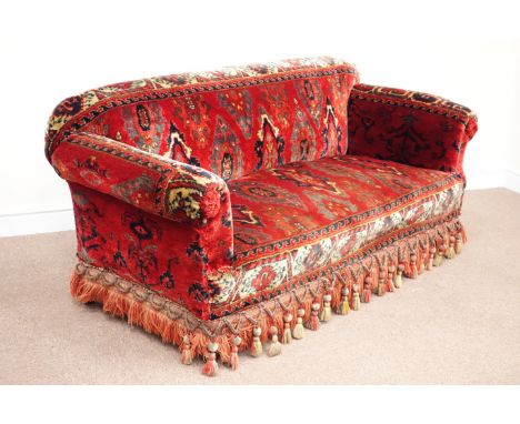 Victorian two seat sofa upholstered in Turkish red pattern cover, L170cm (with optional brass castors)