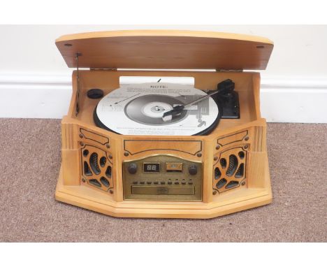 Phonograph GF665 retro radio, CD, cassette and record player, in light oak case, W46cm