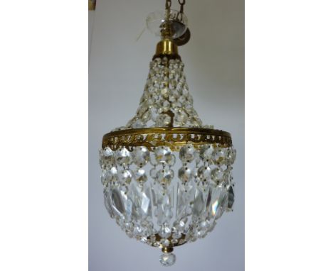 Mid century gilt metal and cut glass centre light fitting H50cm (excluding length of chain) and a smaller matching pair H30cm