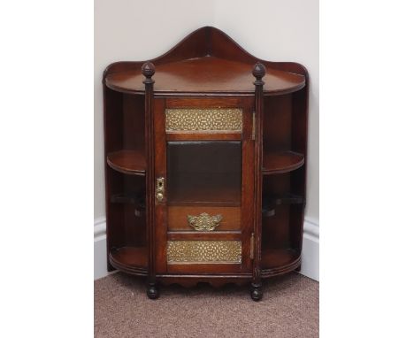 Edwardian oak corner wall hanging smokers cabinet, pipe holders either side, central bevel glazed door with fret work brass p