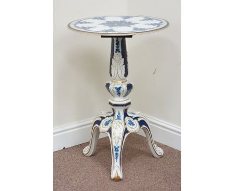 Reproduction blue and white ceramic pedestal table, circular top, D47cm,. H69cm (hairline crack to top)