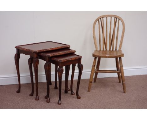 Reproduction nest of three tables (W55cm), and an elm stick and hoop back chair 