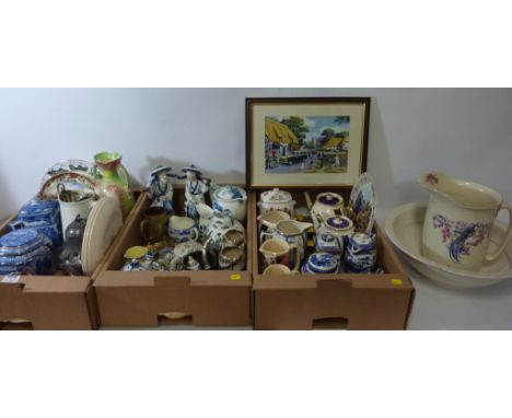 Collection of Ringtons decorative ceramics, pair blue and white oriental figures, basin and ewer set, other decorative cerami