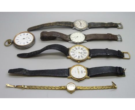 A gun metal cased pocket watch, a/f, two Avia watches, a lady's Hamilton wristwatch, a Timex automatic wristwatch and one oth