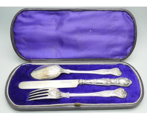 A Victorian silver vine pattern christening set, spoon and fork by George Adams, London 1867, knife by George Unite, Birmingh