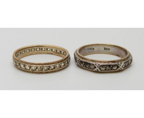 Two 9ct gold and silver eternity rings, the marcasite example lacking one stone, total weight 3.8g, K and K/L