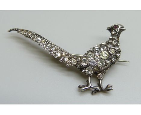 A vintage Knoll &amp; Pregizer .935 silver paste set pheasant brooch, 4.5cm, 7.2g