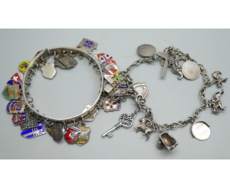 A silver charm bracelet, 37g, and a bangle with silver charms