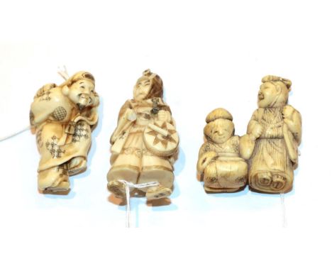 Japanese ivory netsuke, Samurai with a drum, 5.5cm high; another as Jurojin, 5cm high; and another as two figures, 4.5cm high