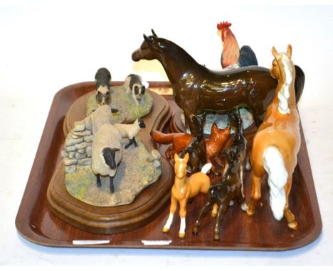 Beswick horses and foals including a Prancing Arab, palomino gloss together with a Beswick fox, and Border Fine Arts 'Suffolk