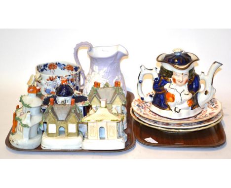 A collection of Staffordshire pastille burners of architectural form with other English ceramics (two trays) 