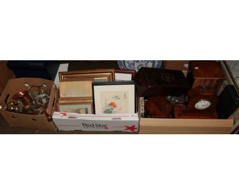 Miscellaneous items to include copper and brass wares, assorted prints, a rosewood accordion case, a musical box case, a cutl