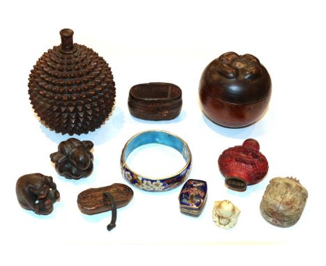 A carved wooden netsuke of monkeys, signed and other Oriental items 