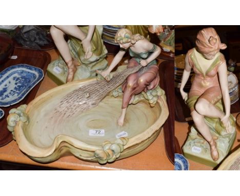 Royal Dux, a large figural bowl modeled as a fisher girl and net, 42cm wide; together with another Royal Dux model of a balle