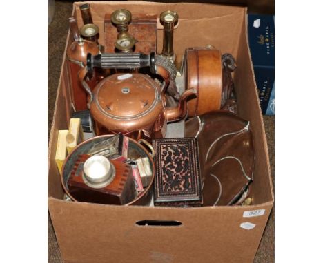 Various copper and brass wares with an Ever Ready lamp, leather collar box and other items 